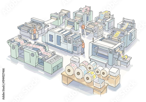 Illustration of a printing factory with multiple machines and workers operating them