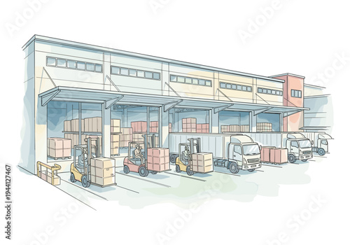 Illustration of a busy warehouse loading dock with forklifts and trucks