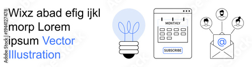 Digital marketing, email campaigns, subscription services, innovation, business planning, communication. Light bulb, calendar marked Monday and email icon. Email campaigns and marketing concept