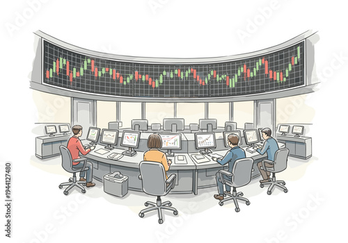 Stock market traders working in a modern trading room with large digital display showing charts