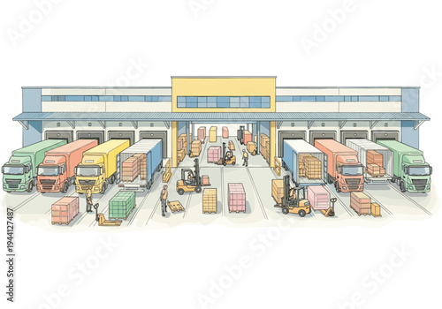 Busy logistics warehouse with trucks and forklifts loading and unloading cargo