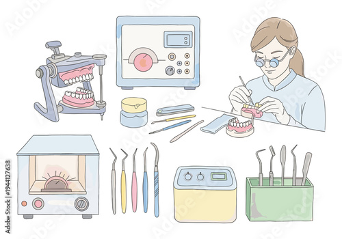 Dental laboratory equipment and technician creating dentures with specialized tools and machinery
