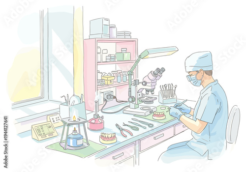 Dental technician meticulously crafting dentures in a well-equipped laboratory setting