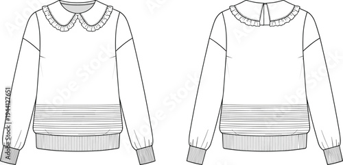 Women's Peter Pan Collar Sweatshirt Flat Sketch, Ruffle Trim Neckline Technical Drawing, Long Sleeve Pullover Vector Template, Fashion Design CAD