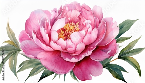 watercolor realistic drawing of pink peony flower isolated on white background