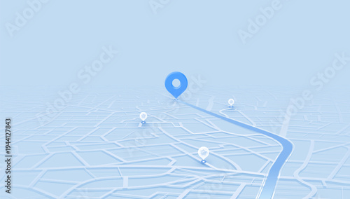 Blue City Map Navigation Concept with Pin Markers and Route Path. Vector illustration.