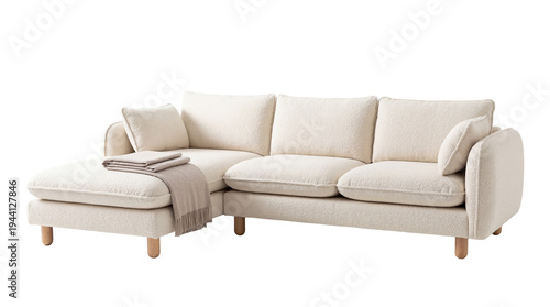Modern cream sectional sofa with chaise lounge and textured fabric, featuring a cozy blanket and light wooden legs, isolated PNG