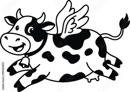 Cartoon flying cow with wings and bell illustration vector isolated on white background