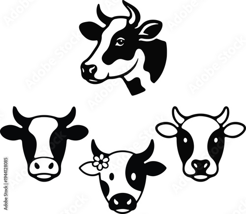 Collection of various cow heads and faces silhouettes vector illustration