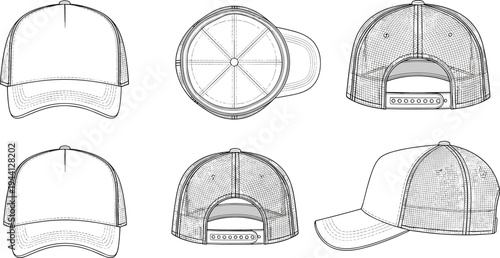 Trucker hat baseball cap technical sketch, mesh back snapback template, multiple views headwear, cad drawing flat vector illustration, fashion accessory template.