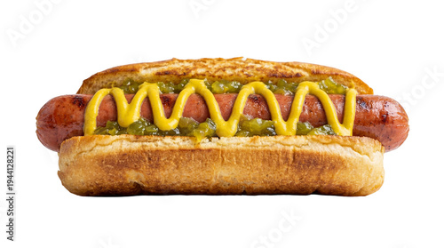 Obraz na plátně Perfectly grilled hot dog with bright yellow mustard and green relish in a toast