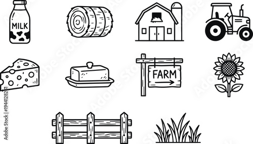 Farm icons: milk bottle, cheese, butter, hay bale, barn, tractor, fence, sunflower.