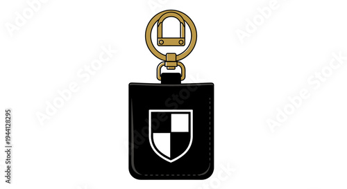 Black keychain with gold ring and shield emblem on white background