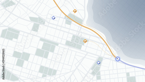 Coastal city map with navigation route along the beach. Vector illustration.