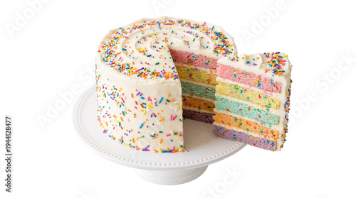 Cuadro en lienzo Vibrant rainbow layer cake with creamy white frosting and colorful sprinkles, a