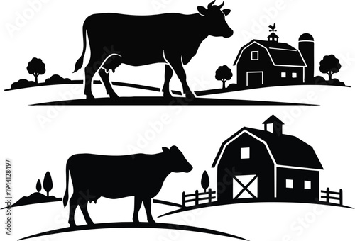 Pair of cow and farm scene silhouettes vector illustration rural landscape