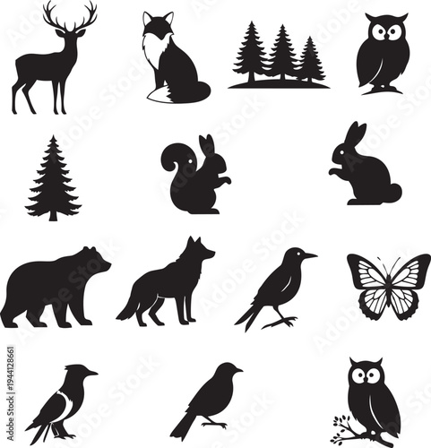 Set of black animal silhouettes featuring vector illustrations of a cat, dog, rabbit, and bird in a cute cartoon style for a domestic pet icon collection