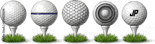 Isolated a realistic kinds of deferent Golf ball on white tee and green grass isolated on white. 3d render vector art with white background..