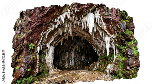 Fotografie Majestic natural cave entrance featuring numerous white stalactites and vibrant