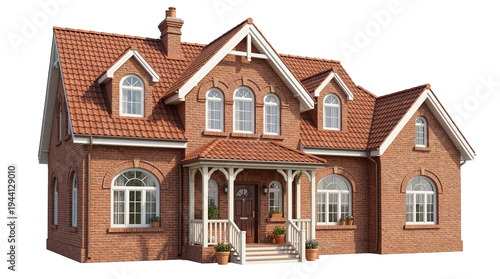 Obraz na płótnie Detailed 3D render of a classic red brick house with a tiled roof, multiple dorm