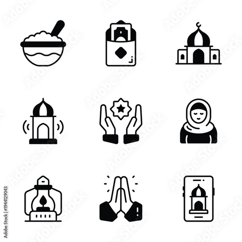 Set of Ramadan and Islamic icons in glyph style, perfect for religious themes.