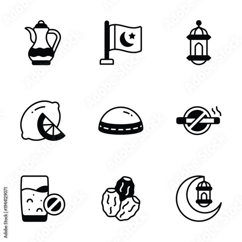 Collection of Ramadan symbols in clean glyph art icons, perfect for Islamic celebrations.