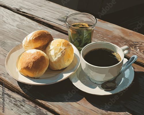 a few rolls and a cup of coffee in the background.