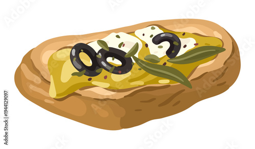 Illustration of Bruschetta with Olives and Feta. Mediterranean food. Vector.