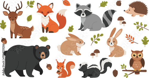 Cute Woodland Forest Animals Cartoon Vector Collection Featuring Deer, Fox, Raccoon, Hedgehog, Bear, Rabbit, Squirrel, Skunk and Owl with Autumn Nature Elements.