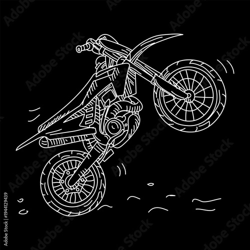 Outline motocross motorcycle performing jump stunt isolated on black background. Flat style for extreme sports posters, racing club banners, biker stickers or offroad vehicle graphic design.
