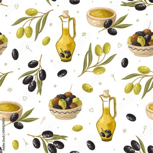 Seamless pattern with olive oil and olives. Mediterranean food. Vector illustration.