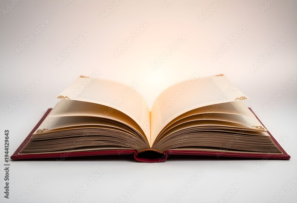 Fototapeta premium An open book lies on a surface with pages illuminated from within.