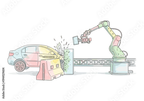 Automated robotic arm conducting crash test on a car against a barrier