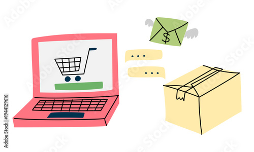 Flat illustration of online shopping and delivery service with laptop, parcel and winged money envelope. Ecommerce graphic for business web banners, retail posters or delivery service stickers.