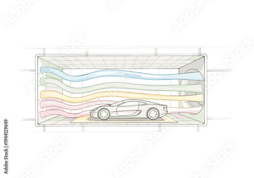 Automotive wind tunnel testing showing airflow dynamics around a sports car model