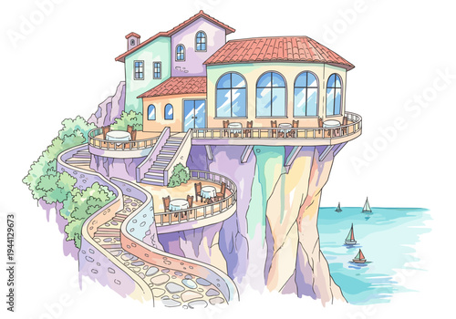 Cliffside restaurant with outdoor seating and ocean view, featuring sailboats in the distance