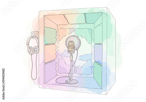 Hand-drawn illustration of a recording booth with microphone and headphones, pastel colors