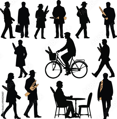 A set of black vector silhouettes featuring business people, fashion models in dresses, and couples walking with shopping bags