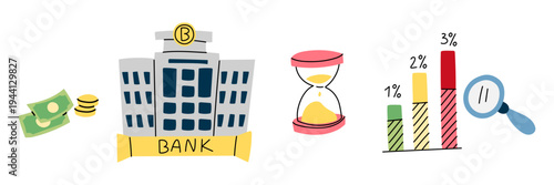 Flat illustration of banking and financial services with building, money, hourglass and growth chart. Business graphic for banking web banners, investment posters or accounting stickers.