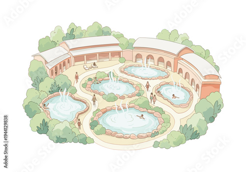 Illustration of a serene outdoor hot spring resort with multiple pools and people relaxing