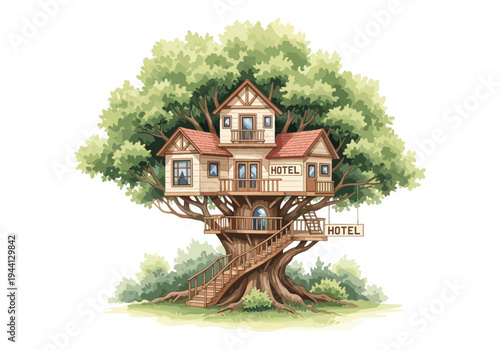 Charming treehouse hotel nestled within a lush green canopy, offering unique accommodation