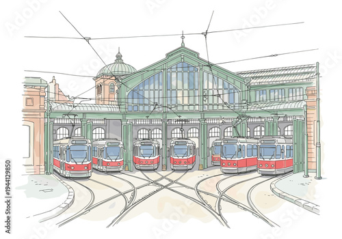 Illustration of a tram depot with multiple trams lined up on tracks under a large glass roof