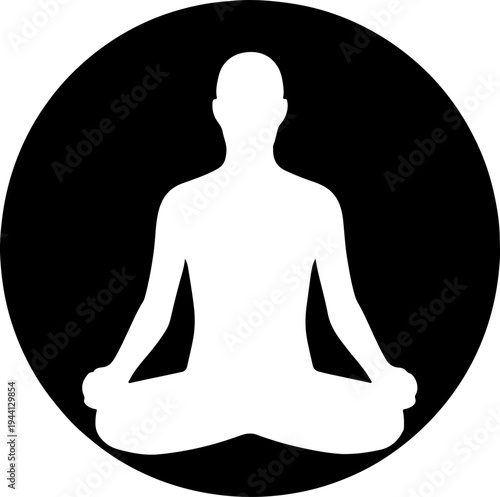 A person meditates peacefully in lotus position on a black circle background