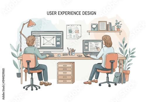Two designers collaborating on user experience design at their computers in a modern office setting