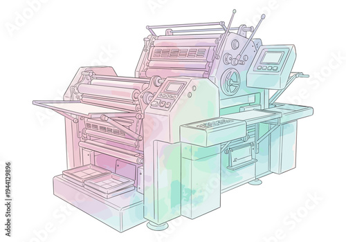 Modern printing press machine with digital controls and pastel watercolor accents