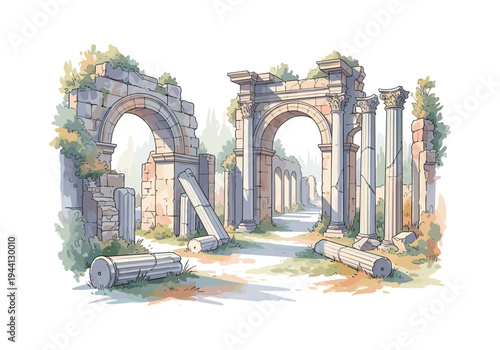Ancient Roman ruins with crumbling arches and fallen columns overgrown with greenery