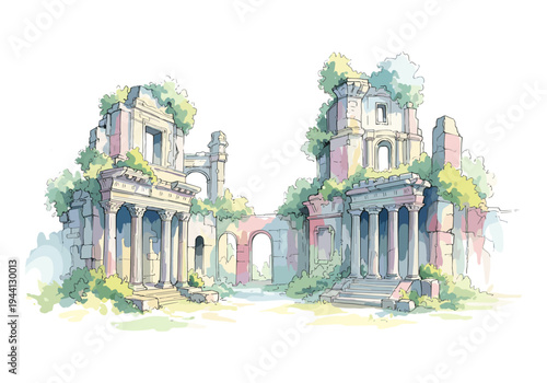 Ancient Roman ruins with overgrown vegetation and classical architecture, watercolor style