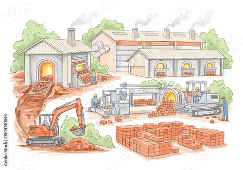 Illustration of a brick factory showing the entire process from raw material to finished product