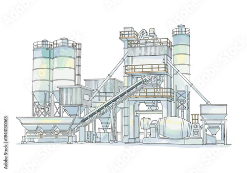 Industrial concrete batching plant with silos, mixers, and conveyor belts, rendered in a clean line art style