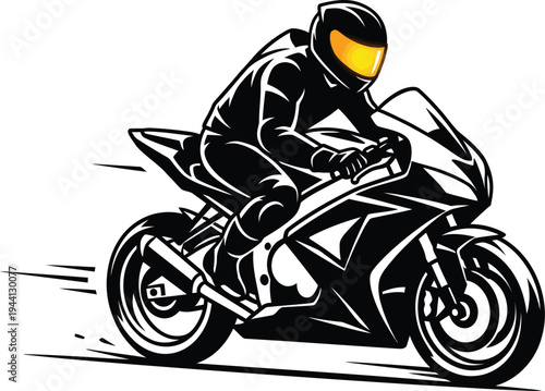 Motorcyclist in racing gear speeding along, dynamic vector illustration, flat design